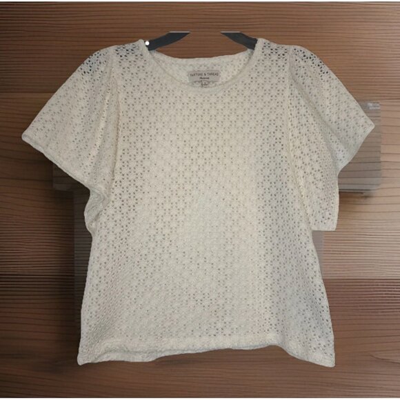 Madewell Texture & Thread Women’s Cream Eyelet Flutter Sleeve Blouse Top Sz M - Picture 1 of 8
